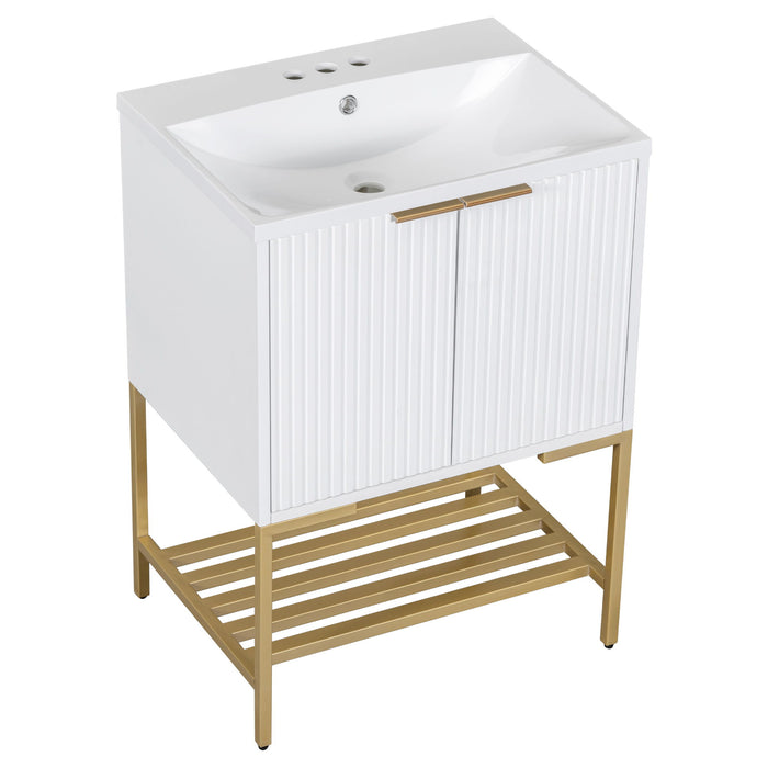 Bathroom Vanity With Sink, Bathroom Vanity Cabinet With Two Doors And Metal Frame, Open Storage Shelf - White / Gold