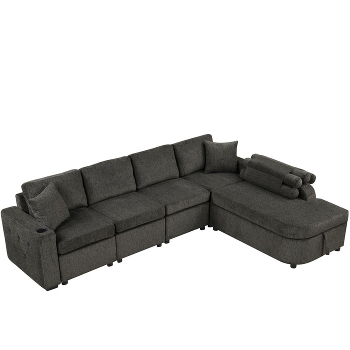 L-Shaped Couch Sectional Sofa With Storage Chaise, Cup Holder And USB Ports For Living Room