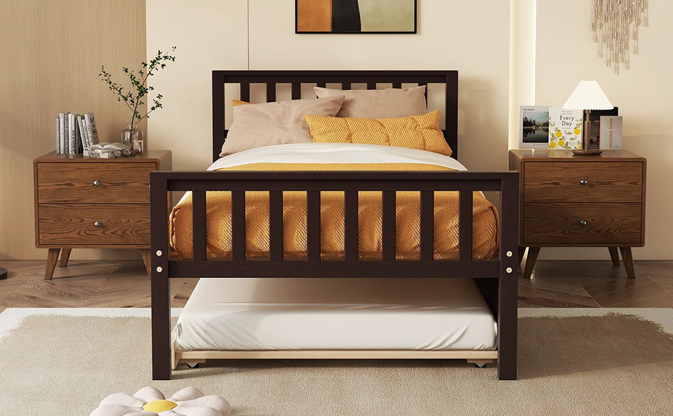 Twin Bed With Trundle, Platform Bed Frame With Headboard And Footboard, For Bedroom Small Living Space, No Box Spring Needed