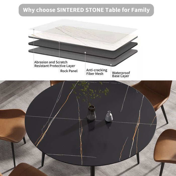 Modern Man-Made Stone Round Metal Dining Table-Position For 6 People - Black