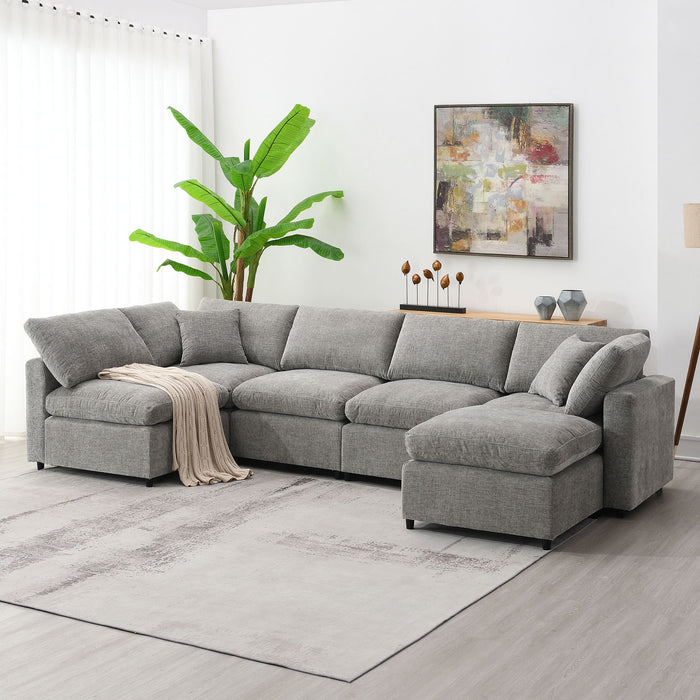 Modern Modular Cloud Sofa Bed, 6 Seat Chenille Sectional Couch Set With Ottoman, Free Combination, Convertible U Shaped Sleeper Sofa For Living Room