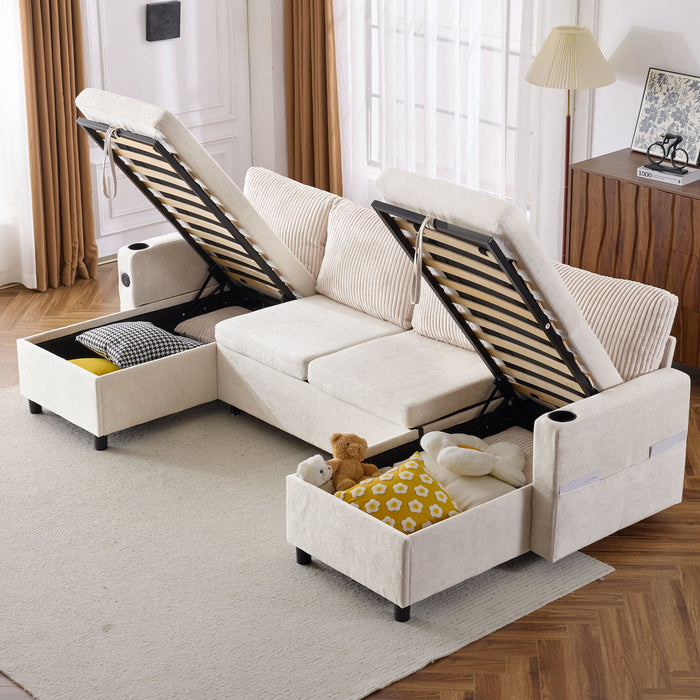 Sectional Sofa Pull Out Sofa Bed Versatile Sofa Sleeper With Large Storage Space, Two USB Ports And Two Cup Holders For Living Room