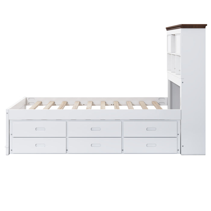 Full Solid Pine Captain Bookcase Bed With Trundle Bed And 3 Spacious Under Bed Drawers In Casual - White / Walnut