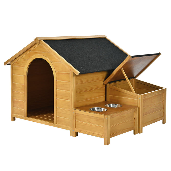 Large Size Wooden Dog House, Dog Crate For Large Dog Breeds, Cabin Style Raised Dog Shelter With Asphalt Roof, Solid Wood, Weatherproof - Nature