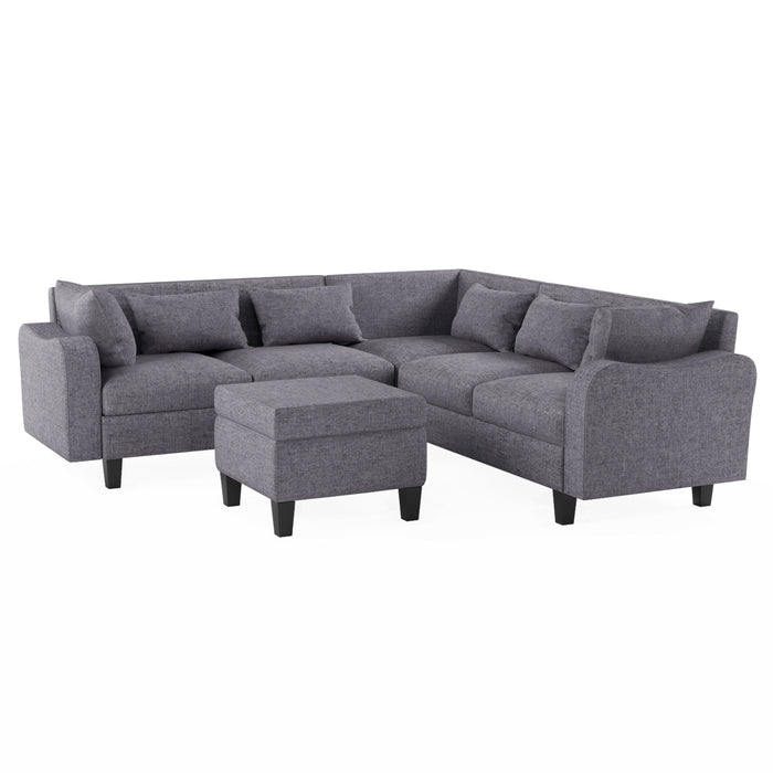 Modern Sectional Sofa With Coffee Table, 6 Seat Couch Set With Storage Ottoman, Various Combinations, L-Shape Indoor Furniture With Unique Armrests For Living Room (6 Pillows)