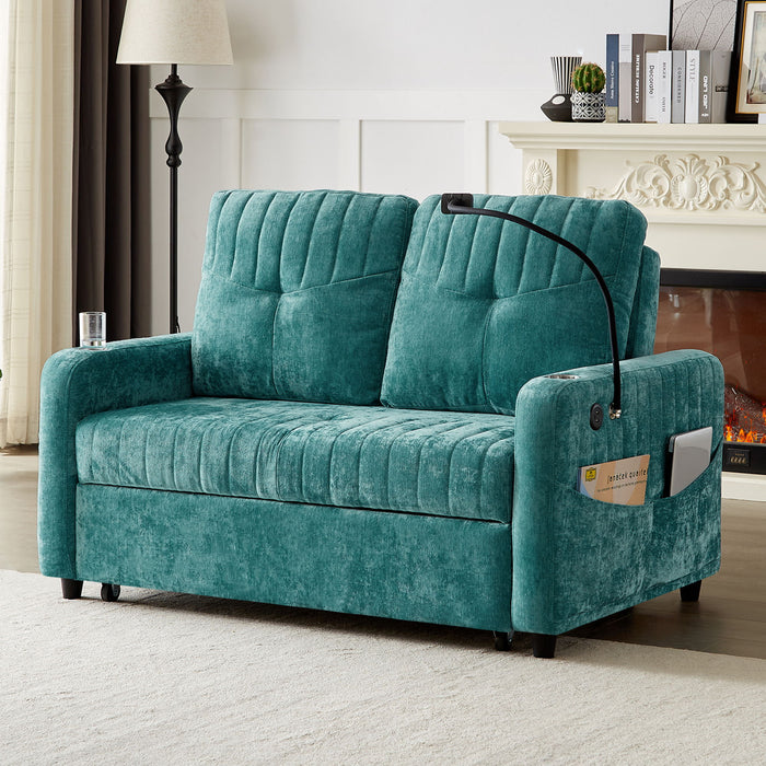 Modern Loveseat Pull Out Sofa Bed With Adjustable Backrest, Two Cup Holders, A Phone Holder, Three Charging Ports And Side Storage Pockets For Living Room