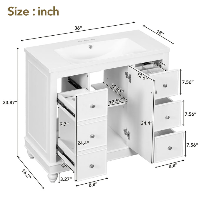 Contemporary Bathroom Vanity Cabinet, 4 Drawers & 1 Cabinet Door, Multipurpose Storage, Resin Integrated Sink, Adjustable Shelves, Solid Wood Frame With MDF