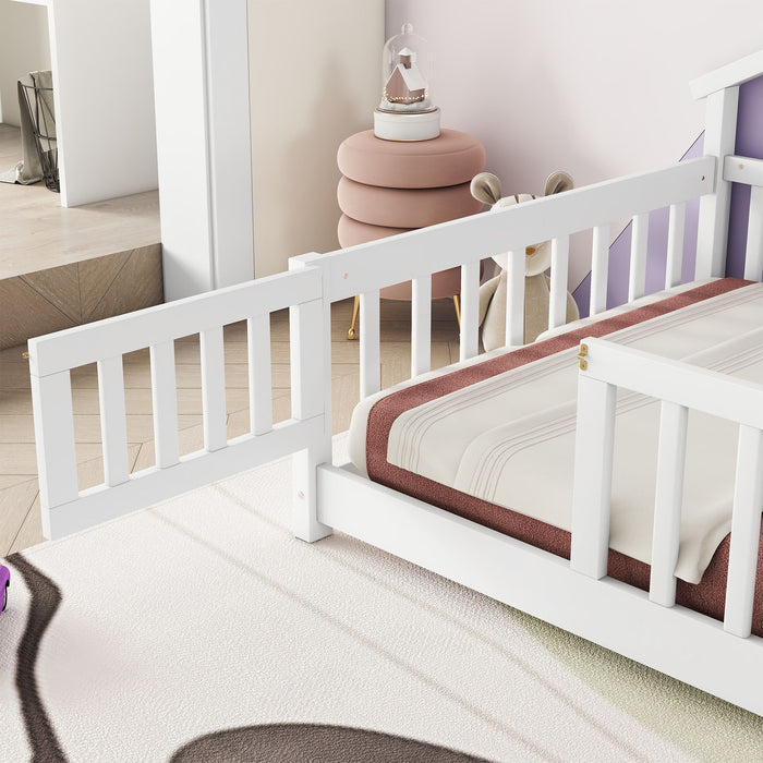 House-Shaped Bedside Floor Bed With Guardrails, Slats, With Door