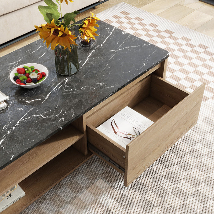 Modern Farmhouse Double Drawer Coffee Table For Living Room Or Office Marble Texture