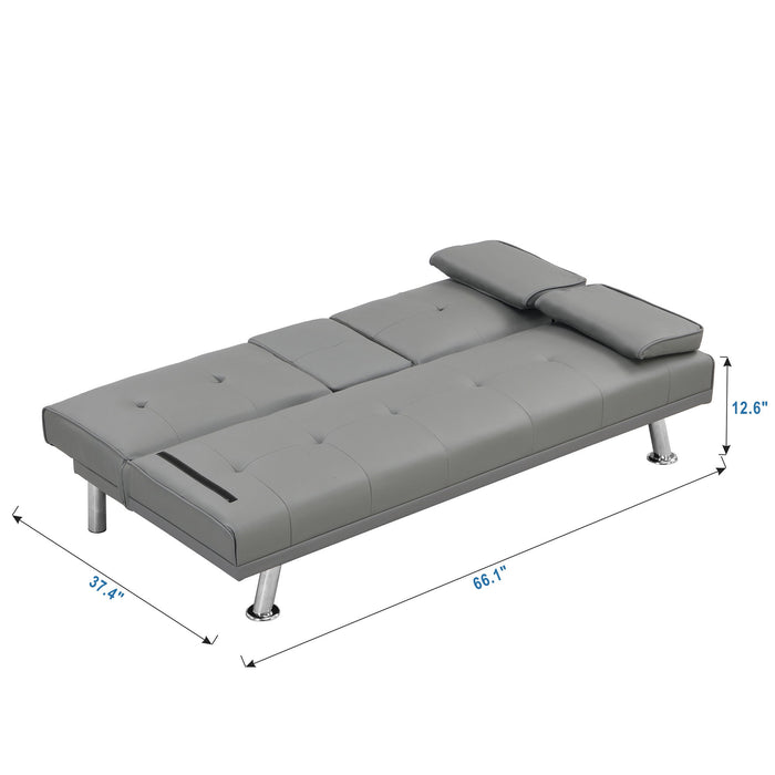 Sofa Bed With Armrest Two Holders Wood Frame, Stainless Leg Futon