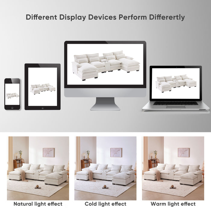 Modern U-Shaped Sofa With Console, Cupholders And USB Ports, 6 Seat Upholstered Symmetrical Indoor Furniture, Sleeper Couch Set With Chaise For Living Room