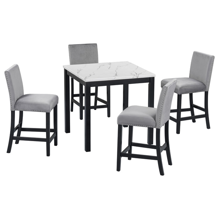 5-Piece Counter Height Dining Table Set With One Faux Marble Top Dining Table And Four Velvet Upholstered Chairs