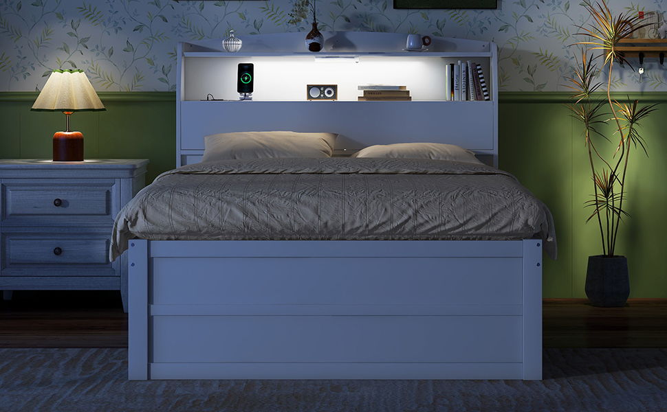 Wooden LED Platform Bed With Trundle, With Storage Headboard, With Drawers