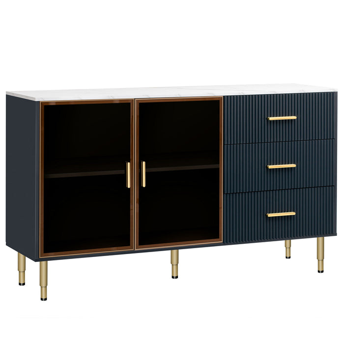 Modern Sideboard Buffet Cabinet Marble Sticker Tabletop And Amber-Yellow Tempered Glass Doors With Gold Metal Legs & Handles