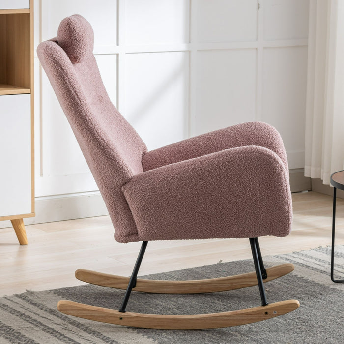 Rocking Chair With Pocket, Soft Teddy Fabric Rocking Chair For Nursery, Comfy Wingback Glider Rocker With Safe Solid Wood Base