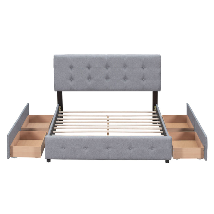 Queen Size Upholstered Platform Bed With Classic Headboard And 4 Drawers, No Box Spring Needed - Light Gray