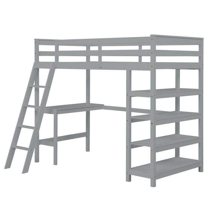 Loft Bed Twin With Desk, Ladder, Shelves - Gray