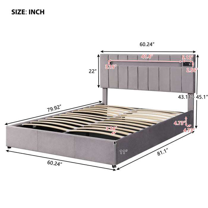 Queen Size Upholstered Bed With Led Light - Bluetooth Player And USB Charging, Hydraulic Storage Bed