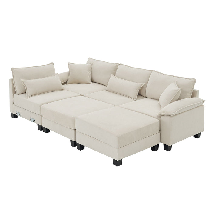 Corduroy Modular Sectional Sofa, U Shaped Couch With Armrest Bags, 6 Seat Freely Combinable Sofa Bed, Comfortable And Spacious Indoor Furniture For Living Room - Beige