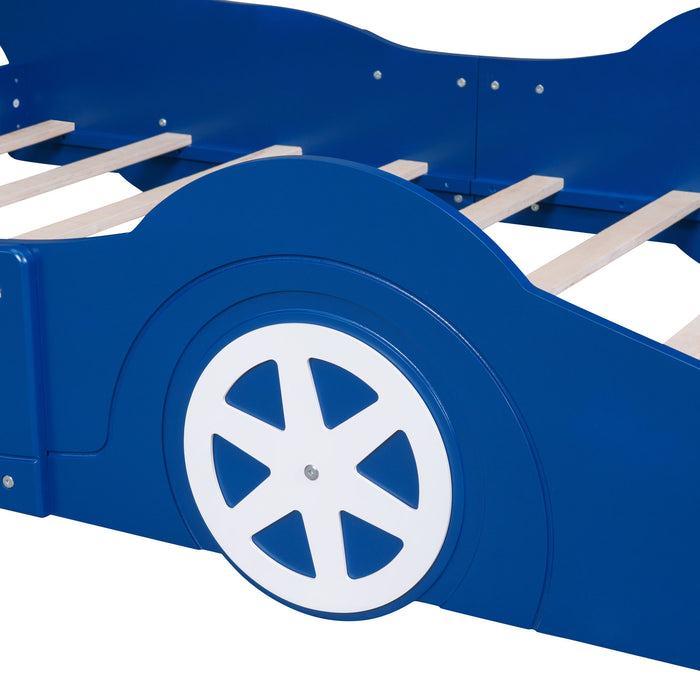 Full Size Race Car-Shaped Platform Bed With Wheels - Blue
