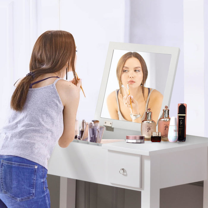 Accent Vanity Table With Flip-Top Mirror And 2 Drawers, Jewelry Storage For Women Dressing - White