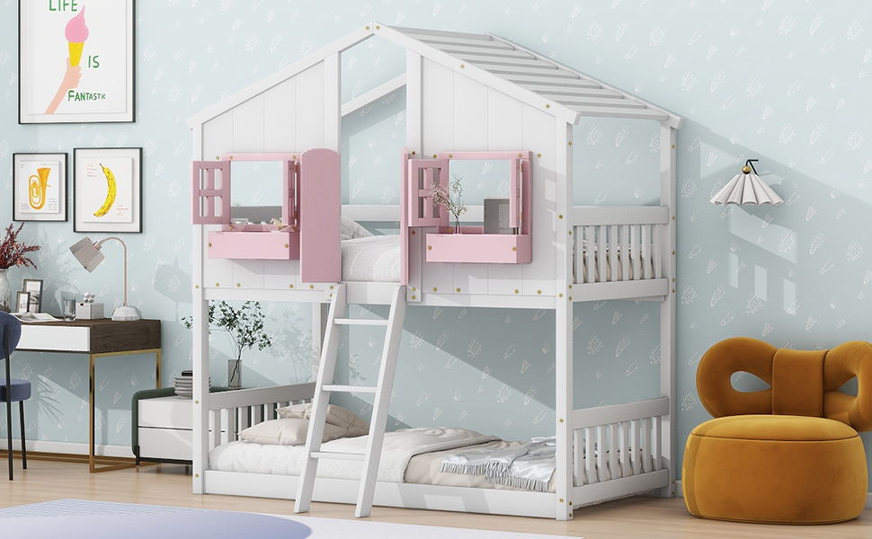 House Bunk Bed With Roof, Window, Window Box, Door, With Safety Guardrails And Ladder