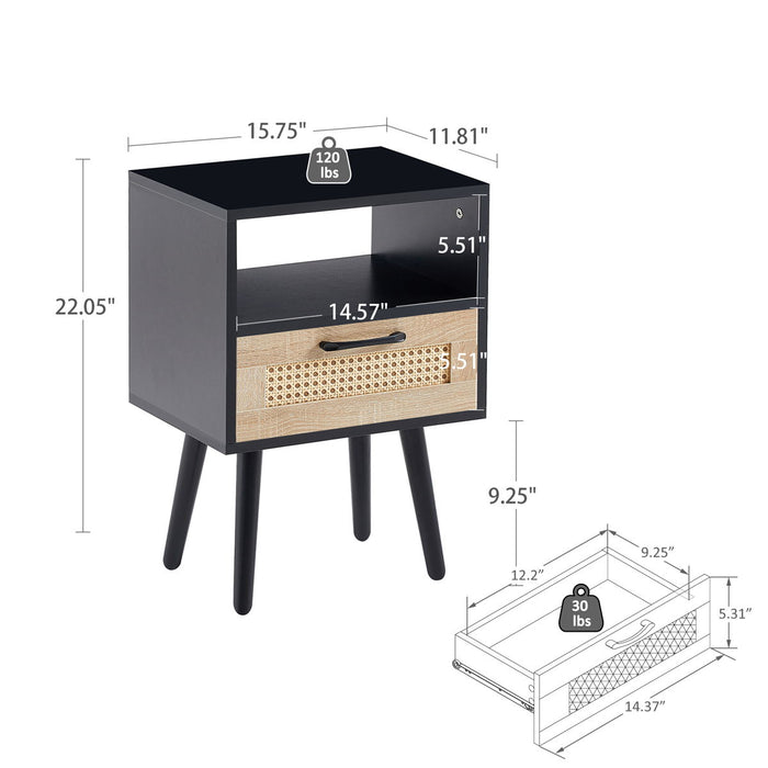 15.75" Rattan End Table With Drawer And Solid Wood Legs, Modern Nightstand, Side Table For Living Room, Bedroom