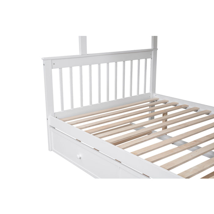 Twin Over Full Bunk Bed With Twin Size Trundle, Storage And Guard Rail For Bedroom, Dorm, For Adults - White