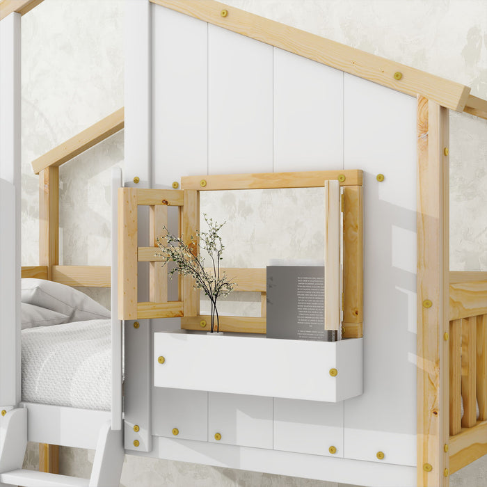 House Bunk Bed With Roof, Window, Window Box, Door, With Safety Guardrails And Ladder