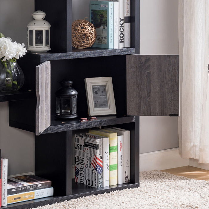 Two-Toned Display Cabinet, Two Door Bookcase Six Shelves - Black & Distressed Grey