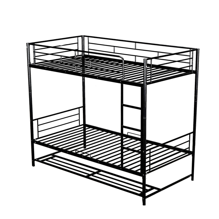 Twin Over Twin Metal Bunk Bed With Shelf And Guardrails