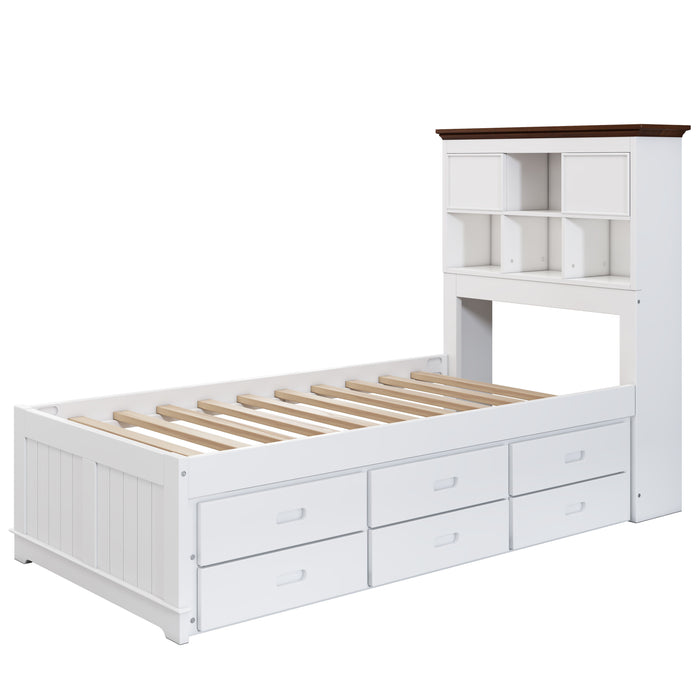 Twin Solid Pine Captain Bookcase Bed With Trundle Bed And 3 Spacious Under Bed Drawers In Casual - White / Walnut