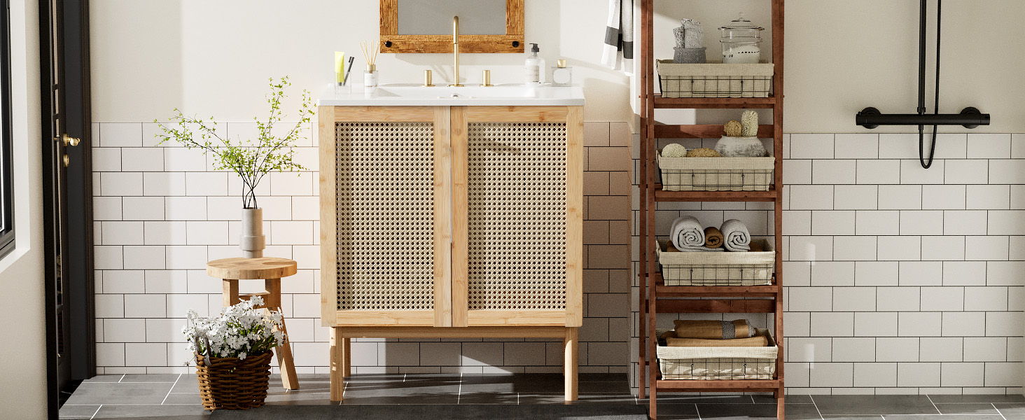 Bathroom Vanity Crafted From Natural Materials, Featuring Handmade Rattan Doors And Soft-Closing Mechanisms - Light Brown