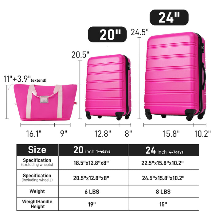 Hardshell Luggage Sets 2 Pieces + Bag Spinner Suitcase With Tsa Lock Lightweight - Pink