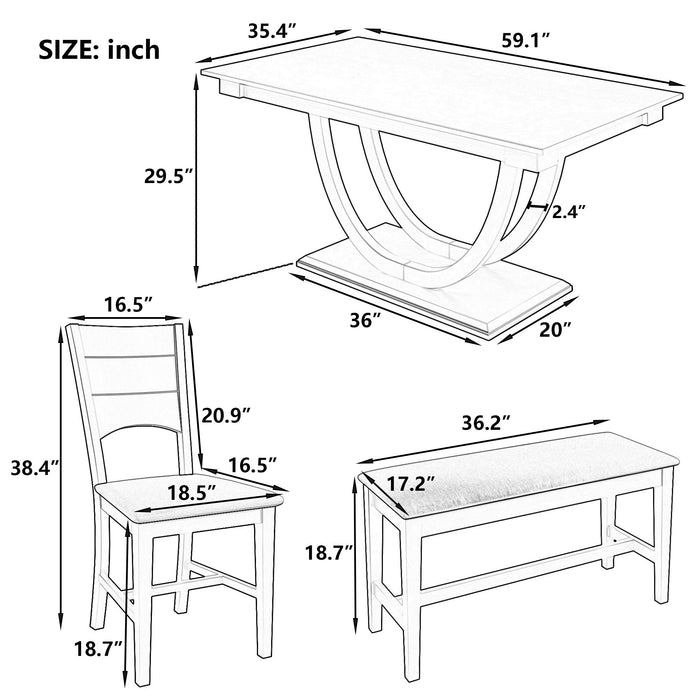 Topmax - 6 Piece Wood Half Round Dining Table Set Kitchen Table Set With Long Bench And 4 Dining Chairs, Modern Style