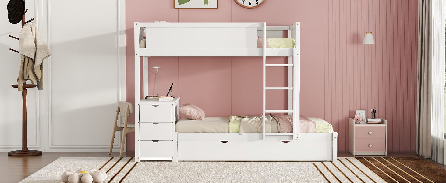 Bunk Bed With Twin Size Trundle, Storage And Desk