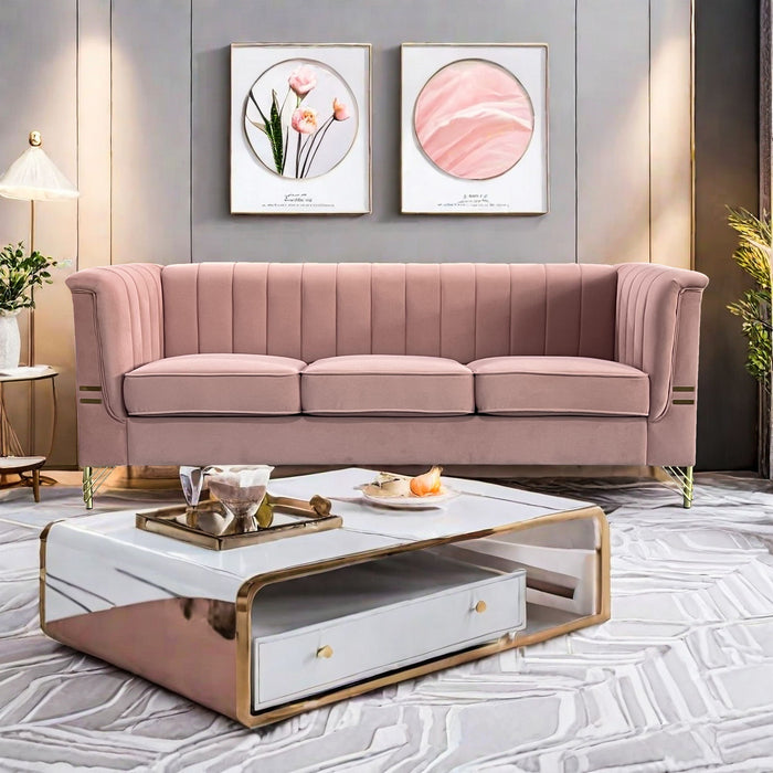 FX-P82-PK(SOFA) Modern Designs Velvet Upholstered Living Room Sofa, 3 Seat Sofa Couch With Golden Metal Legs For Home, Apartment Or Office - Pink