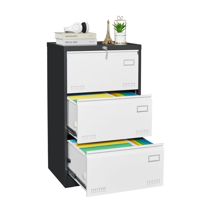 3 Drawer Metal Lateral File Cabinet With Lock, Office Vertical Files Cabinet For Home Office - Black / White