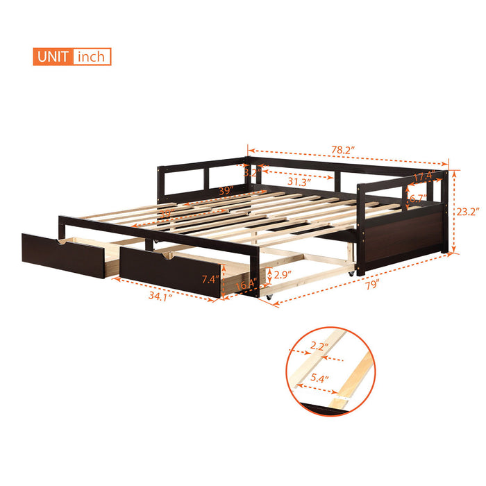 Wooden Daybed With Trundle Bed And Two Storage Drawers, Extendable Bed Daybed, Sofa Bed For Bedroom Living Room