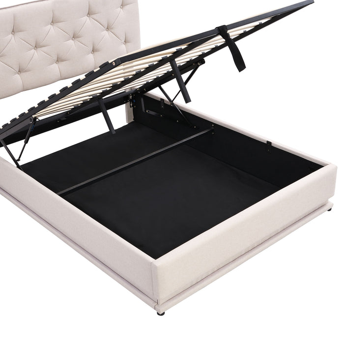 Upholstered Bed With Hydraulic Storage System And LED Light, Modern Platform Bed With Button-Tufted Design Headboard