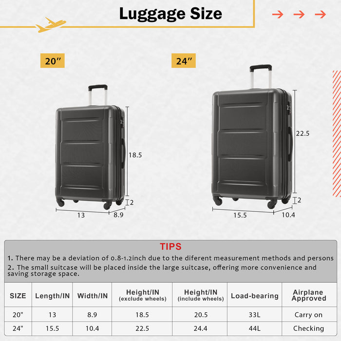 2 Piece Luggage Set With Bags Expanable Spinner Wheels ABS Lightweight Suitcase With Tsa Lock 20" / 24"