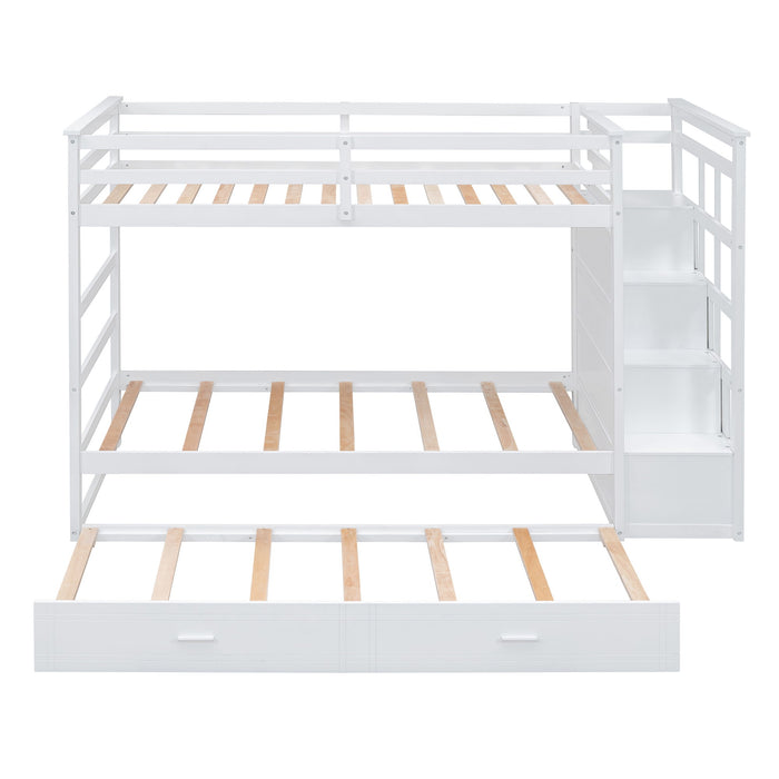 Twin Over Twin Bunk Bed With Trundle And Staircase - White