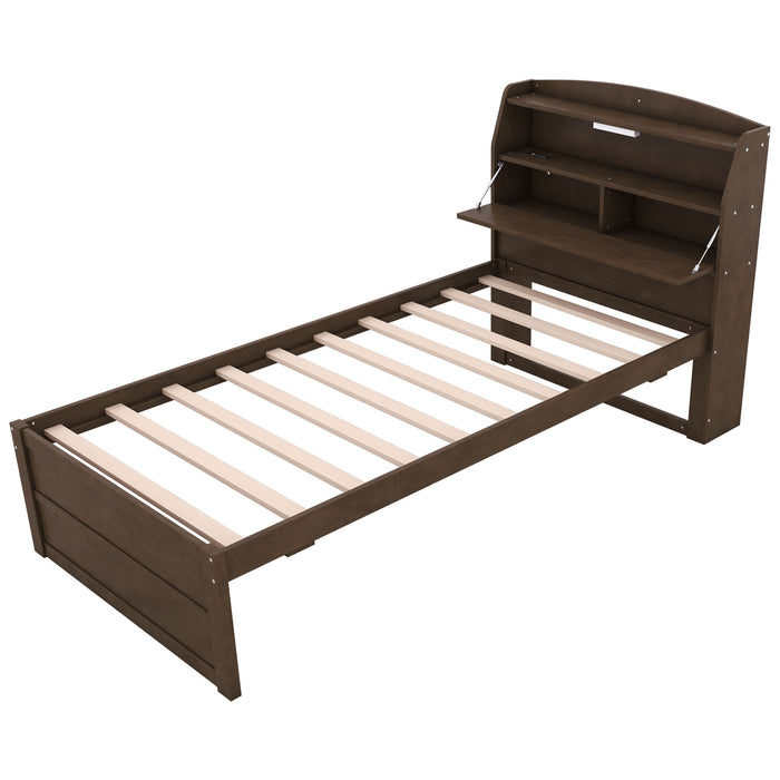 Wooden LED Platform Bed With Trundle, With Storage Headboard, With Drawers