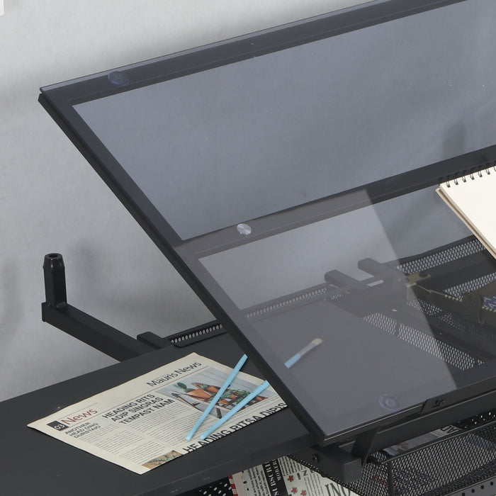 Adjustable Tempered Glass Drafting Printing Table - Black