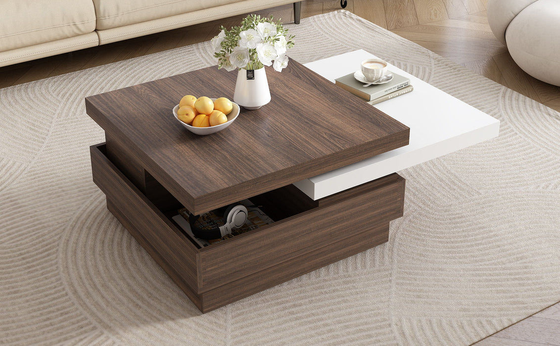 Rotatable Top Coffee Table, Modern Square Coffee Table With Wood Grain Design, 1 Hidden Storage Space For Living Room