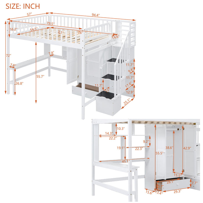 Full Size Loft Bed With Bookshelf, Drawers, Desk, And Wardrobe