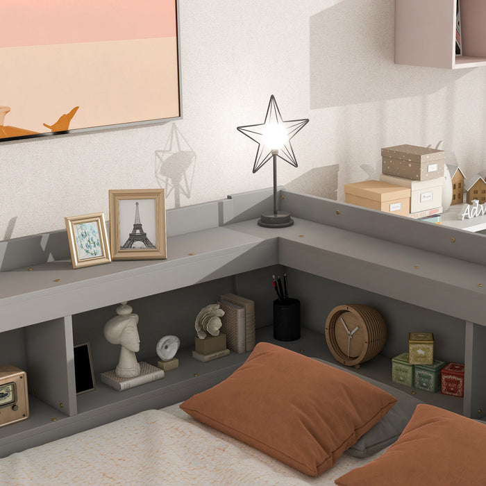 Full Bed With L-Shaped Bookcases, Drawers - Gray