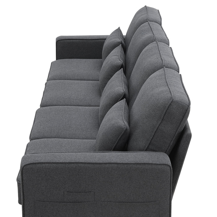 4 Seater Modern Linen Sofa With Armrest Pockets And 4 Pillows, Minimalist Style Couch For Living Room