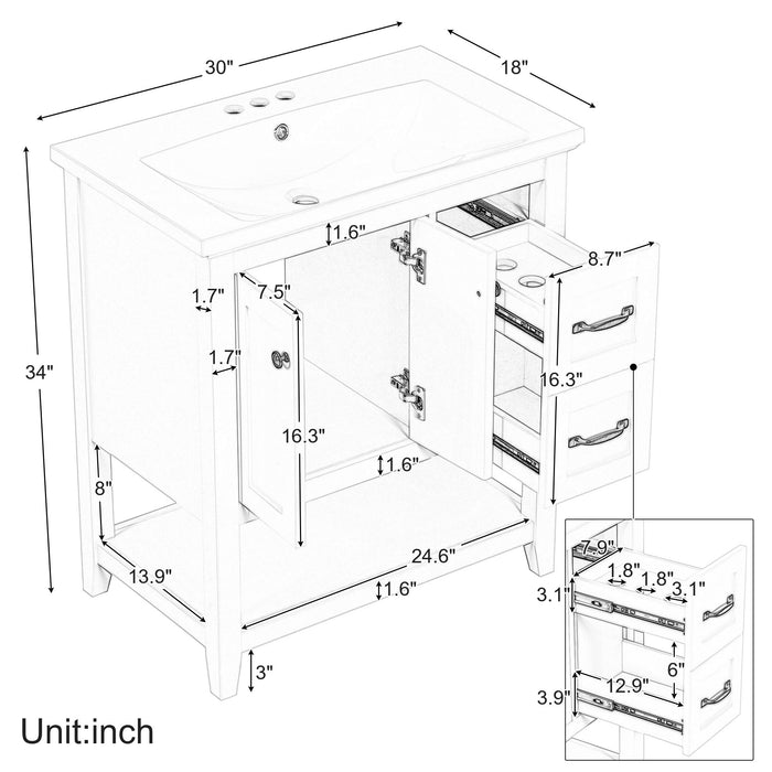 Bathroom Vanity With Ceramic Sink Top, Vanity Cabinet With Multi-Functional Drawer, Solid Wood Legs - White