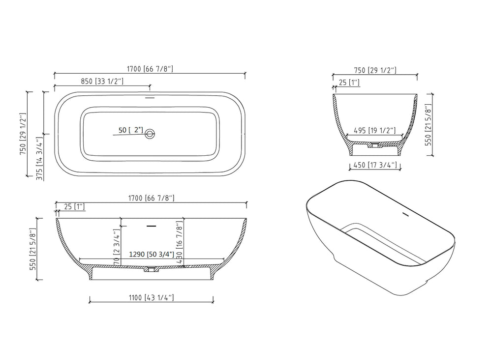 Freestanding Solid Surface Bathtub, Luxury Engineered Stone Resin Freestanding Soaking Bathtub With Overflow And Pop-Up Drain Cupc Certified, 22S04-67 - Matte White